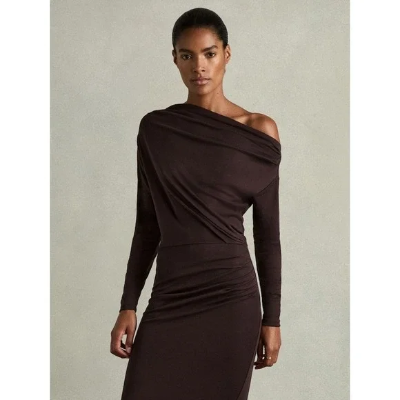 REISS Fleur Off The Shoulder Ruched Jersey Midi Dress Brown Long Sleeve Sz Large - Picture 2 of 15